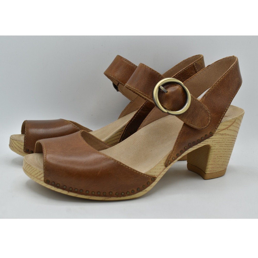 Dansko Womens EU Size 40 Tamra Pull Up Tan Leather Open Toe Heeled Sandals Shoes